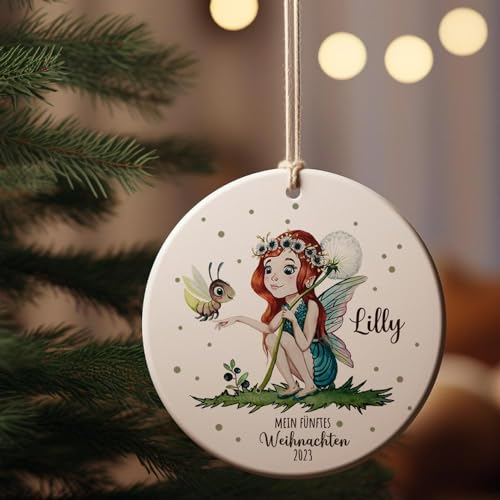 ilka parey wandtattoo-welt Weihnachtskugel Weihnachtsschmuck Keramik Baumanhänger Mein fünftes Weihnachten personalisiert Namen Wunschname Elfe Fee mit Glühwürmchen Tiere Baumkugel Geschenk wkp42