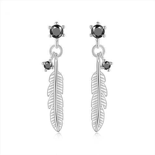 Hmzidz Feder Ohrringe Mit Schwarz Zirkonia - 925 Sterling Silber Ohrstecker Für Damen, Hängend Mit Diamant - Hypoallergen Modeschmuck Mit Stein Für Frauen Mädchen