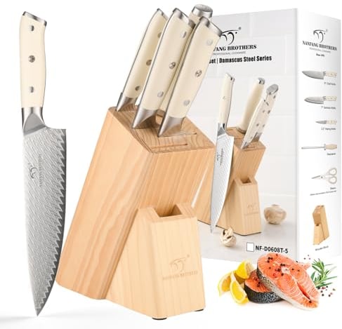 NANFANG BROTHERS Damascus Kitchen Knife Set with Block 5 Piece, Knife Set, Perfect Knife Set Gift, VG10 Steel Core with HRC 60 ± 2 Hardness