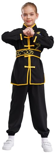 dPois Costume Kung Fu Enfants Garçons Filles Arts Martiaux Vêtements Unisexe Uniformes Traditionnels Chinois Tai Chi Chinois Ensembles 3-16 Ans Noir 13-14 ans