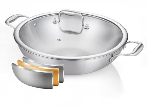 DELARLO Tri-Ply Stainless Steel Wok Pan With Lid, Fast & Even Heat 12Inch Large Stir Frying pan, Induction Saute Pan, Dishwasher Safe Cooking Pan, Induction, Broiler Safe 600℉