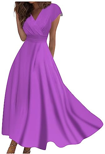 Générique Robe Ceremonie Femme,Robe Femme Chic Et Elegant Robe Soiree Femme Robe Longue Femme Décontracté Robe Couleur Unie Robe De Cérémonie Pour Femme Ronde Col En V Florale Robe(Violet,L)