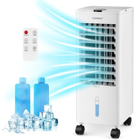 RELAX4LIFE Raffrescatore Evaporativo d'Aria 3-in-1, Umidificatore con 3 Velocità, 3 Modalità, Serbatoio Rimovibile, Timer da 12H e 2 Ghiaccetti, Ventilatore Portatile con Telecomando (bianco)