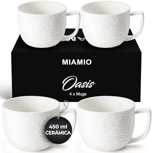 MIAMIO - Coffee Mug Set of 4 x 450 ml Cups/White Mugs Ceramic with Embossed Rock Texture for Coffee, Latte, Tea - Oasis Collection