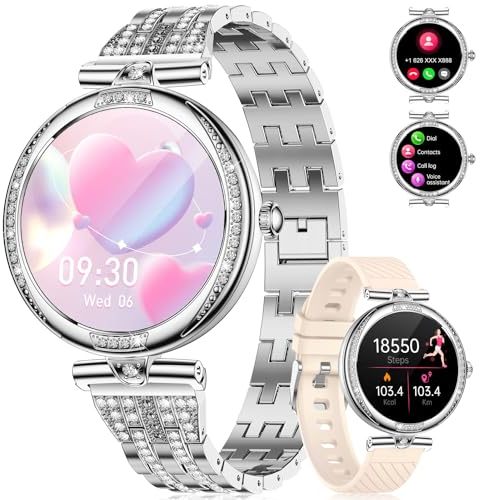 Montre Connectée Femme avec Appel Bluetooth, 1.19 AMOLED Diamond Montre Intelligente, 100+ Modes Sportifs Fréquence Cardiaque Sommeil Tension Artérielle Calories, IP68 Smartwatch Android iOS Argent
