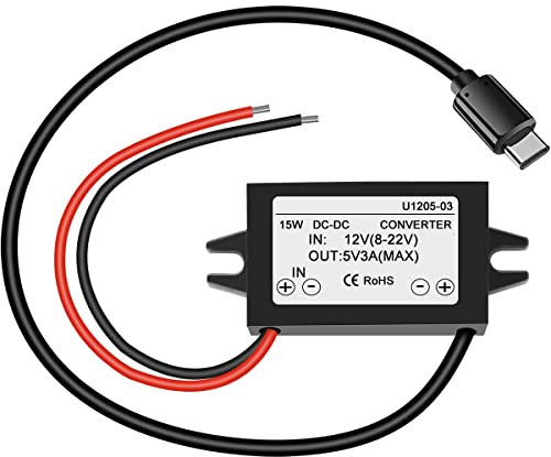 Greluma 1 pièce convertisseur abaisseur USB c DC 12V à 5V 3A,Interface de Type c Module Buck étanche 25W Adaptateur d'alimentation Compatible avec Raspberry pi 4,téléphones Portables