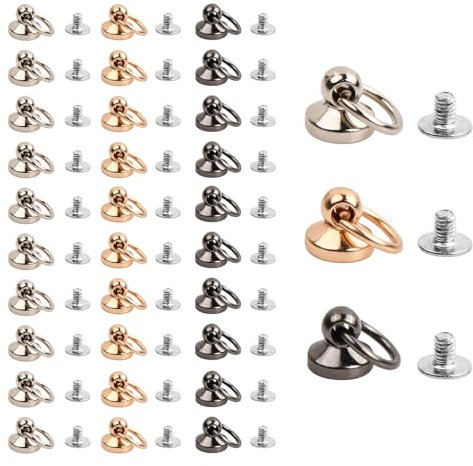 Dokeno Rivets avec Anneau en Métal 30 Pcs, 10mm Clous à Rivets en Laiton avec Vis Massif Rivet à Anneau en O Goujon pour Bricolage en Cuir Artisanat Sac à Dos Ceinture Bourse Accessoires