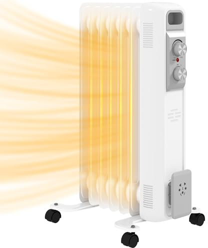 HOMCOM 1500W Quiet Oil Filled Radiator, 7 Fin Energy Efficient Portable Electric Heater with 3 Heat Settings, Adjustable Temperate, Safety Tip Over, Overheat Protection, Wheels, for Home, White