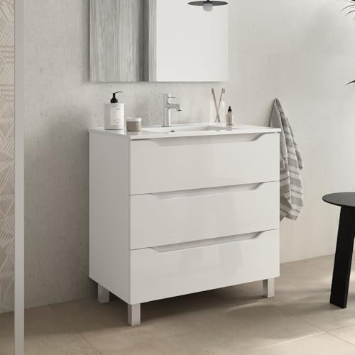 bathme Trio Mueble de Baño con Lavabo 3 Cajones Color Blanco Brillo - Medida: 60 cm 60 cm
