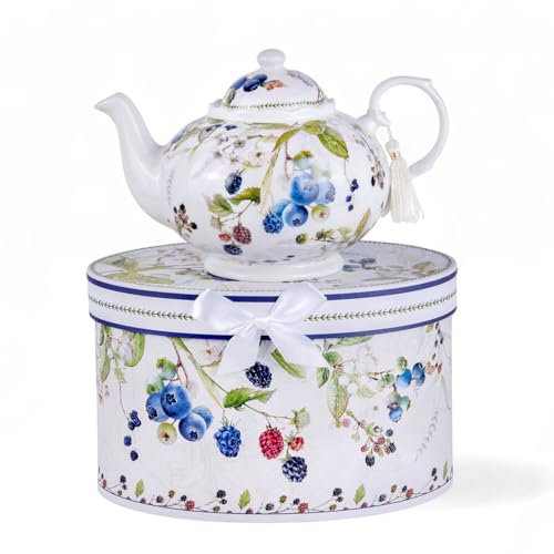 Wild Berries Bone China Teekanne in Geschenkbox 1080ml Teekanne für losen Tee, dekorative Geschenkbox, spülmaschinenfest