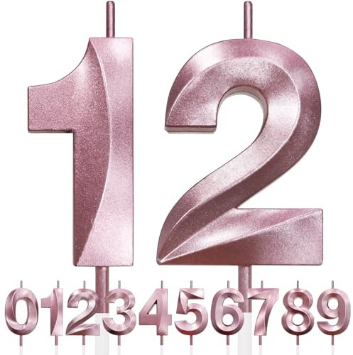 12th Geburtstagskerze, 3D Design Roségold Glitter Nummer Kerzen, Cake Topper Dekorationen, Kuchen Kerze für Geburtstagsparty, Hochzeitstag, Baby-Dusche, Party-Dekoration