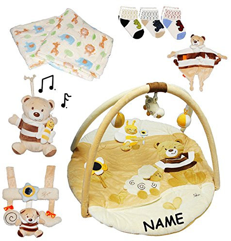 alles-meine.de GmbH XXL Set - zur Geburt - BRAUN/Creme - Erstausstattung Spielzeug - incl. Name - Krabbeldecke mit Spielbogen/Babyreck/Spieluhr/Mobile/Socken/Kuscheld..