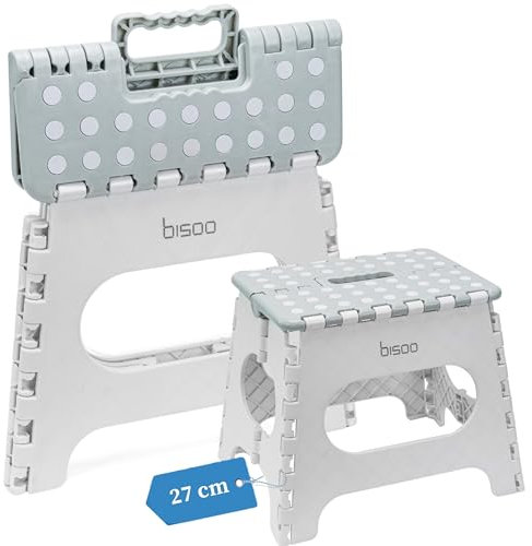 Bisoo Taburete Alto Plegable - 27 cm - Taburetes Altos de Cocina, Baño, Autocaravana - Escalon Infantil Niños - Banqueta Plegable Portatil Antideslizante Segura Práctica - Soporta 150Kg - Gris Salvia