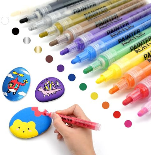Alitastro Acrylic Paint Pens Waterproof Markers 12 Colors Permanent Marker Pens Acrylic Pens for Rock Painting Glass Stone Ceramic Metal Fabric Pebble Painting pens Craft Supplies (3mm Tip)