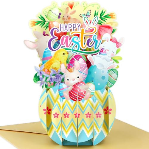 FaCraft Easter Pop Up Cards - Pop Up Easter Greeting Cards for Kids Adults with Golden Envelope, Spring Gift for Daughter Son Friend Family Grandson Granddaughter (3D Bunny & Chick Design)