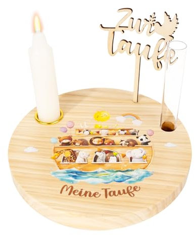 BOFUNX Taufe Geschenk aus Holz Meine Taufe Kerzenteller Kerzenständer mit Kerzenhalter Kunststoff Reagenzgläser