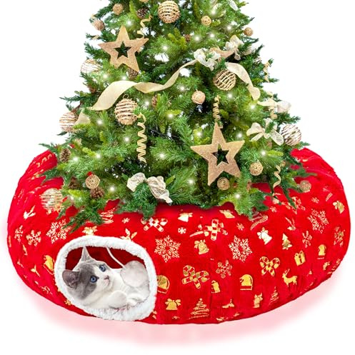 LECHONG Tunnel-Letto di Natale per Gato 3 in 1 & Gonna per Albero, Rifugio Caldo in Fleece Double Face con Tappetino Rimuovibile, Protege Decorazioni
