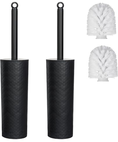 Toilet Brush, 2 Pack Toilet Brushes & Holders Sets with Plastic Handle & Soft Flexible Bristles, 4 Toilet Brush Heads for Bathroom Toilet-Ergonomic, Elegant, Durable Loo Brush (Black)