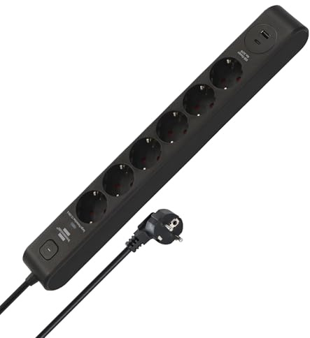 Brennenstuhl Steckdosenleiste 6-Fach mit USB und Überspannungsschutz | Mehrfachsteckdose mit 1x USB C PD 20W zum Schnellladen und 1x USB A 20W, Schalter, 2m Kabel, schwarz