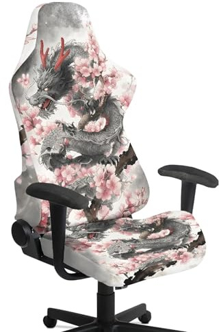 LACIYISON Dragon Cherry Blossom Gaming Chair Cover Slipcover with Armrest Cover Washable Office Desk Chair Slipcover Breathable Non-Slip Armchair Protector for Office