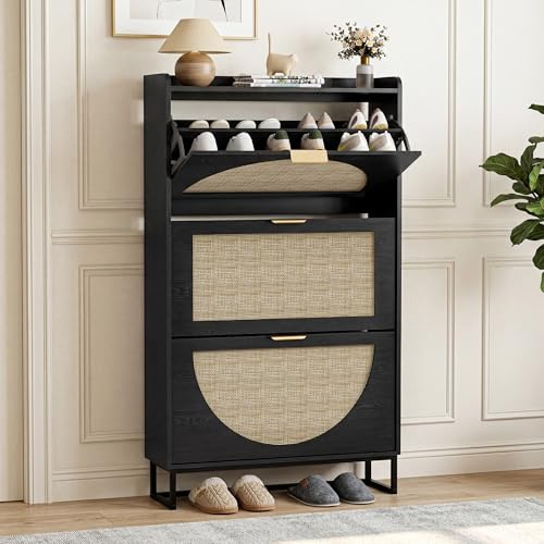 Schuhkommode mit 3 Klappfächern, Großer Rattan Schuhschrank Schmal Holz | Schuhaufbewahrung mit Stauraum Für Flur Eingangsbereich, Wohnzimmer, Schlafzimmer, 80x24x135cm, Schwarzer
