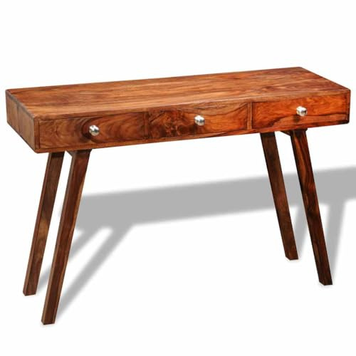 ROMHZKS Table console en bois massif d'acacia avec 3 tiroirs 76 cm - Vintage - Buffet haut - Meuble de rangement fait à la main