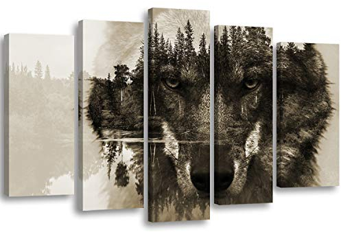 Feeby Bilder 5 Teile Tiere Wolf XXL Typ A 200x100 cm 1 Teilig Wohnzimmer Schlafzimmer Büro Flur Küche Wandbilder Modern Bild auf Leinwand Wanddekoration Kunstdruck Design Natur Wald Bäume Augen Grau