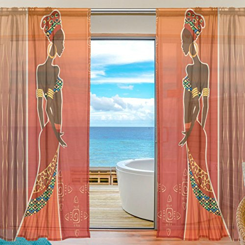 Mnsruu yibaihe Fenster Vorhänge, Gardinen Platten Fenster Behandlung Set Voile Drapes Tüll Vorhänge Elegant Afrikanische Frau 2 Einsätze für Wohnzimmer Schlafzimmer,(140cm x 213cm)