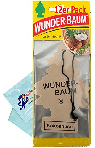 12 Stück Kokosnuss (Coconut) Wunder-Baum Lufterfrischer Duftbaum inkl. 1 x Glasreinigungstuch von SP Großhandel Gratiszugabe (Kokosnuss)
