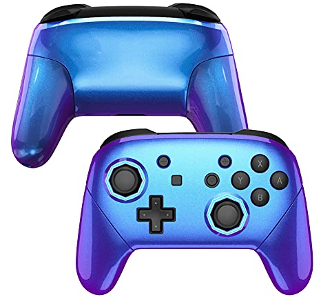 eXtremeRate Coque de Remplacement pour Nintendo Switch Pro Manette, Shell Avant avec Trou de Joystick Octagonal, Coques Arrière et Poignées Grips pour Manette Switch Pro, Caméléon Violet Bleu