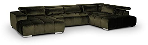 Mivano Wohnlandschaft Orion / Riesige Couch in U-Form inkl. XL-Recamiere und Kopfteilfunktion / 409 x 73 x 225 / Velours, Grün