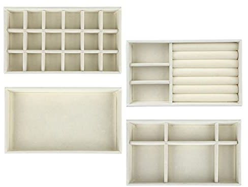 Jewelry Trays Organizer Set of 4 Velvet Stackable Jewellery Drawer Organiser Tray Earring Ring Necklace Bracelet Display Showcase Jewelry Storage Trays, 4 Style (Beige)