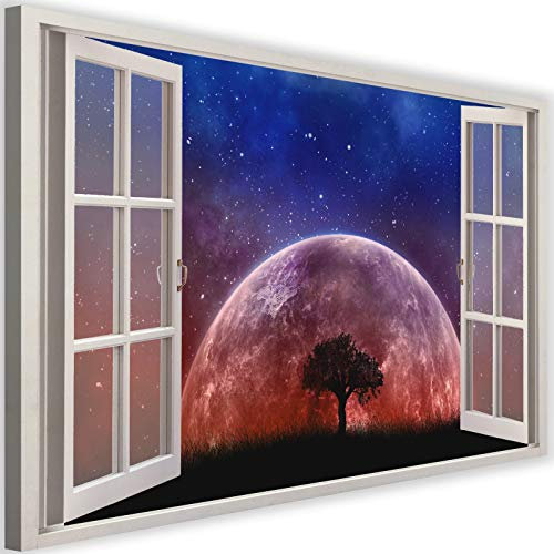 Feeby Vlies Leinwandbild Nachthimmel Mond Baum 120x80 cm Wanddeko Design Kunstdruck Zimmerdeko Bilderwand Fensteröffnung 3D-Illusion Violett