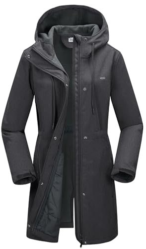 33.000ft Veste softshell légère avec capuche imperméable pour femme,Veste fonctionnelle doublée en polaire,Coupe-vent respirant,Manteau long à capuche pour cyclisme, randonnée, gris foncé, M