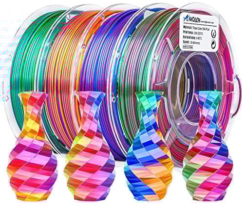 AMOLEN 3D Drucker Filament Paket, Dreifarbiges Coextrusions-Seiden PLA Filament 1,75 mm +/-0,02 mm, Glänzendes Farbwechsel-3D-Drucker Filament für die Meisten FDM 3D Drucker, 200 g x 4er-Pack
