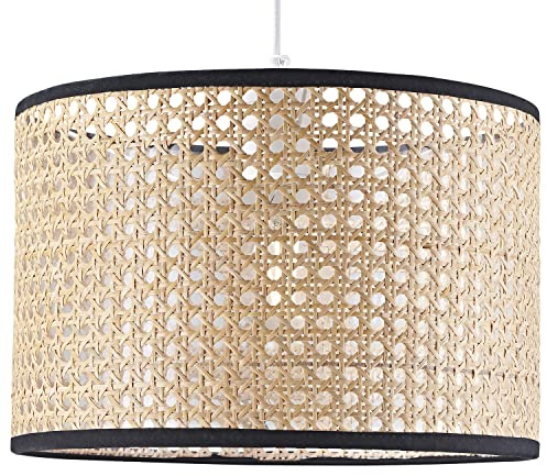 Traditional and Vintage Natural Wicker Rattan Drum Shaped Pendant Lamp Shade with Black Cotton Trims | 20cm x 30cm | Eco-Friendly Material by Happy Homewares