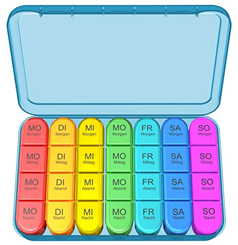Pillendose 7 Tage 4 Fächer, Tablettenbox 7 Tage Morgens Mittags Abends, Medikamentenbox 7 Tage 4 Fächer, Große Tragbar Medikamentenbox zur Aufbewahrung von Tablets (Abnehmbar/Blaues Gehäuse)
