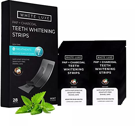 White Luxe Professional Teeth Whitening Strips with Activated Charcoal & Coconut Oil for Sensitive Teeth – Fast Results at Home – Peroxide Free Pap Teeth Whitener