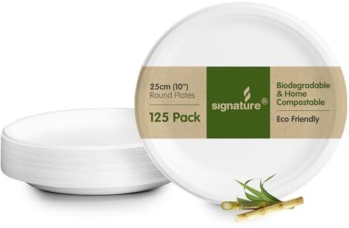 Heavy Duty Strong Home Compostable Eco-Friendly 10” (26cm) Bagasse Large Plates Made from Natural Sugar Cane Fibres. Perfect for buffets, BBQ, Parties, Corporate Events. 125 Plates per Pack
