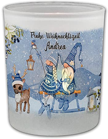 FEENSTAUB Windlicht Glas, Weihnachten Deko Winter, Teelichthalter Glas personalisiert mit Name, Deko Winter Innen, Kerzenglas Deko, Weihnachten mit Weihnachtswichtel, Tischdeko Windlicht mit Spruch