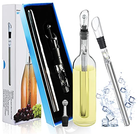 Enfriador de Botellas de Vino, FainFun Acero Inoxidable Enfriador de Botellas, 3 en 1 Enfriador de Vino: Enfriador + Tapón de Vino + Vertedor Antigoteo, para los Amantes del Vino