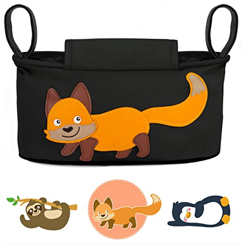 GLÜCKSWOLKE Kinderwagen Organizer - 12 Motive, Kinderwagentasche verschließbar, Kinder Buggy Tasche mit Feuchttuchspender, Baby Stroller Bag Fuchs, Aufbewahrungstasche (Willi Wildfuchs, schwarz)