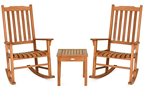 Giantex 2 Schaukelstühle aus Eukalyptusholz, 2 Schaukelstühle und 1 Couchtisch für den Innen- und Außenbereich, für Hof, Veranda, Garten, Belastung 180 kg, Natur