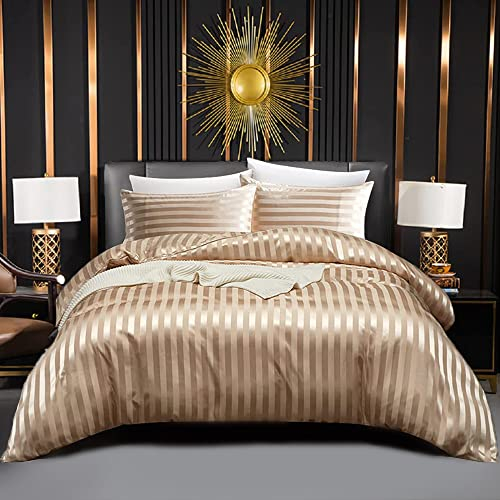 Luofanfei Satin Bettwäsche 135x200cm Gold Braun Glänzend Glanzsatin Seiden Bettwäsche Set Gestreift Muster Sommer Glatt Luxus Uni Kühlende Bettwäsche-Sets 135 200 Einzelbett mit Reissverschluss