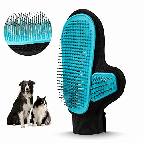 Beenefits 2025 Pet Grooming Glove with Tipped Pin Brush,Special Design Deshedding Glove, Perfect Petting Tool for Sensitive Dogs & Cats with Long & Medium Fur, Massage Mitt - Right-Hand - Blue