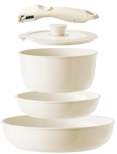 Redchef Ceramic Pots and Pans Set Non Stick, Nonstick Kitchen Cookware Sets, Non Toxic Pots and Pans Set Non Stick, PFAS PFOA & PTFE Free, Detachable Handle Pots and Pans 5 Piece, RV Cookware