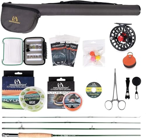 MAXIMUMCATCH Premier Fliegenrute und Avid Rolle Combo komplete 9' Fliegenfischen Outfit mit Angelausrüstung (5 wt -9' Half-Handgriff Rute 5/6 Fliegenrolle)