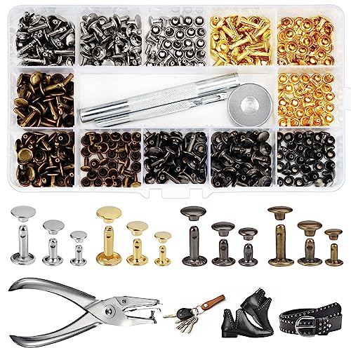 Rivets en Cuir 180 Pièces 3 Tailles Double Rivet Goujons Tubulaires en Métal Rivets Couture Sac,Rivets Cuir avec 3 Pièces Outil de Fixation et Punch Pince pour Artisanat en Cuir DIY Rivets,4 Couleurs