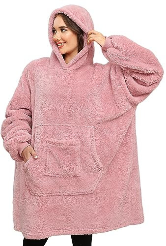 CMTOP Sweat à Capuche Femme Homme Couverture, Plaid Polaire à Manche Chaud Pull Hiver Plaid, Peignoir Longue Sweatshirt Doux Pullover Hoodie à Capuche avec Grande Poche Rose