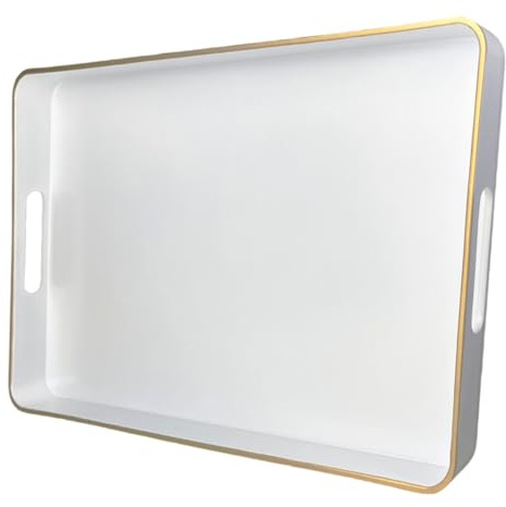 UOEKCS Vassoio decorativo bianco, vassoi da portata rettangolari con manici, vassoio in plastica per ottomana, vassoio per tavolino da caffè per soggiorno, bagno, decorazione per la casa, 39,9 x 25,9